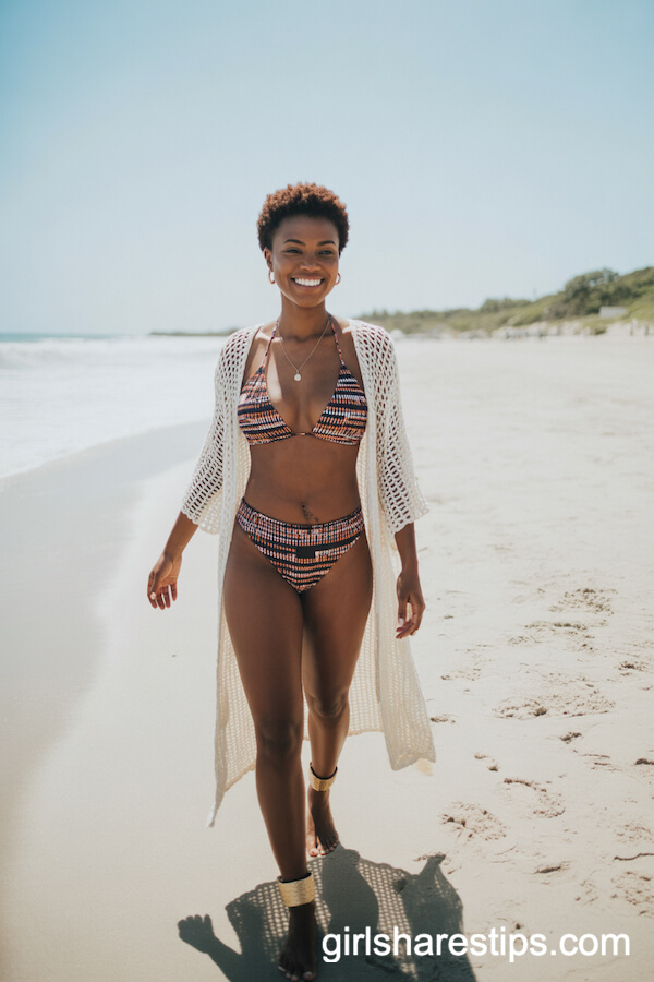 Patterned Bikini Set with Crochet Cover-Up and Gold Accents