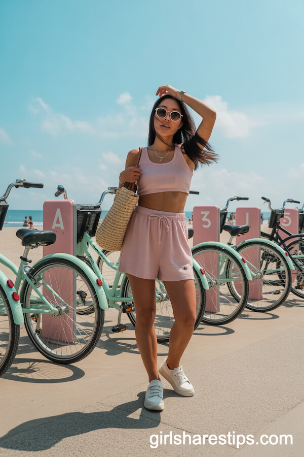 Matching Pastel Crop Top and Shorts Set with a Straw Bag
