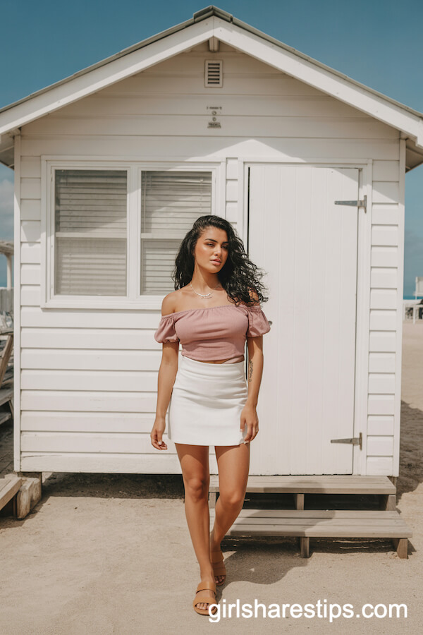 Pink Off-Shoulder Top with Mini Skirt for Flirty Beachside Style