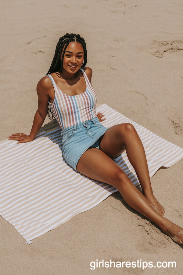Striped Swimsuit with Denim Mini Skirt for Playful Lounging