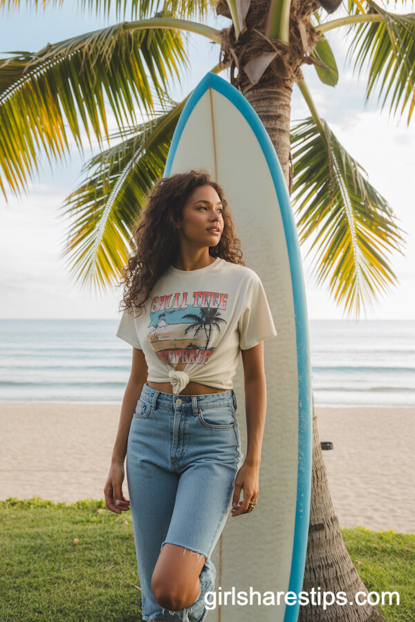 Knotted Graphic Tee and Cutoff Jeans with Surfing Vibes