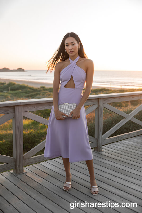 Lavender Cut-Out Midi Dress for Elegant Beach Evenings