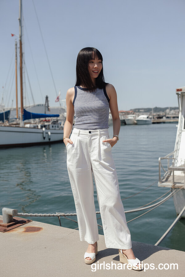 Navy Striped Tank and Wide-Leg Pants for Nautical Charm