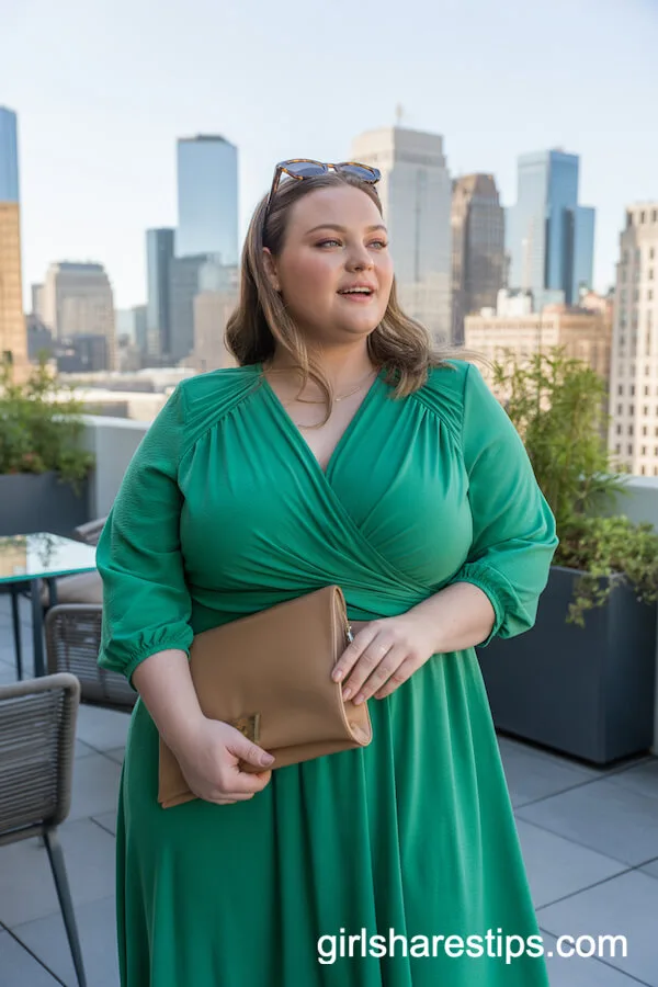 Fresh Green Midi Dress With Trendy Clutch and Sunglasses