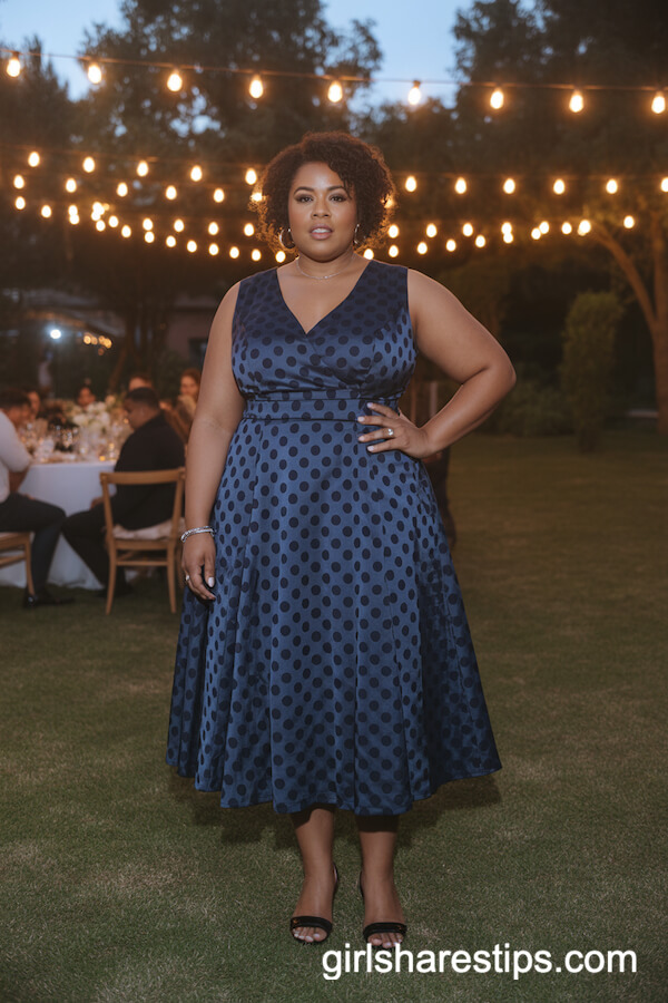 Elegant Fit and Flare Navy Polka Dot Midi Dress