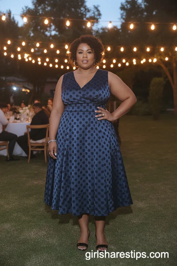 Elegant Fit and Flare Navy Polka Dot Midi Dress