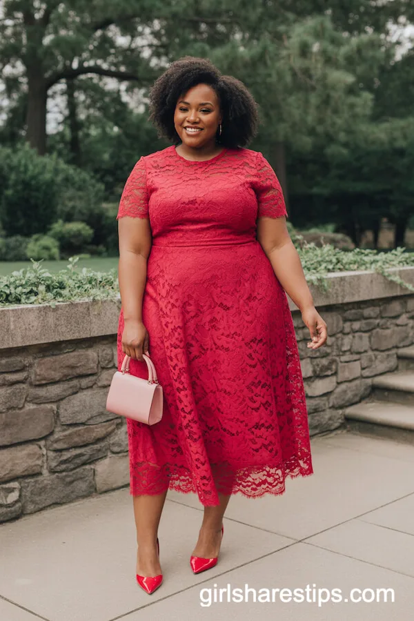 Chic Short-Sleeve Red Lace Midi Dress With Pink Handbag