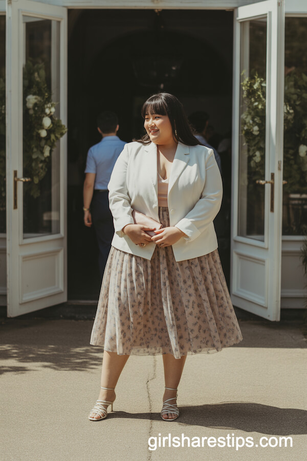 Fashionable Floral Skirt With Fitted White Blazer and Strappy Heels