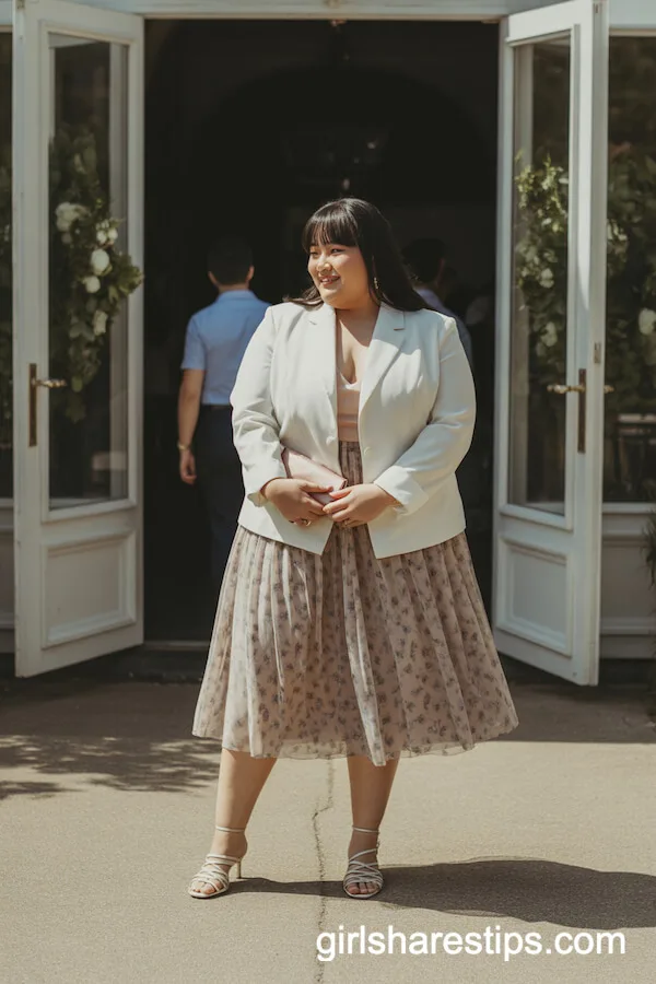 Fashionable Floral Skirt With Fitted White Blazer and Strappy Heels
