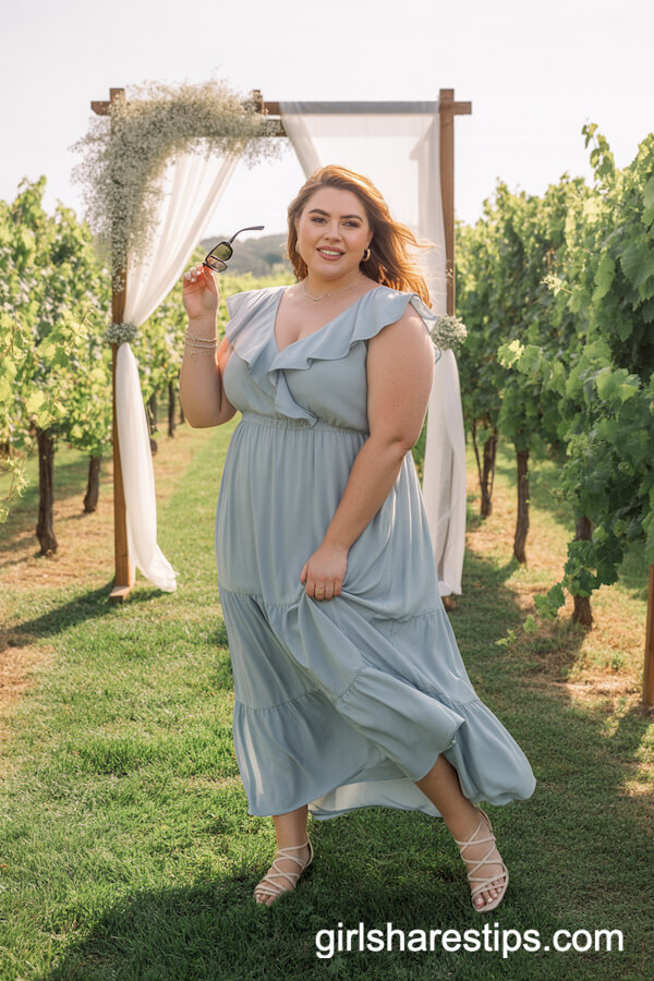 Ruffled Pastel Blue Maxi Dress With Fresh Accessories