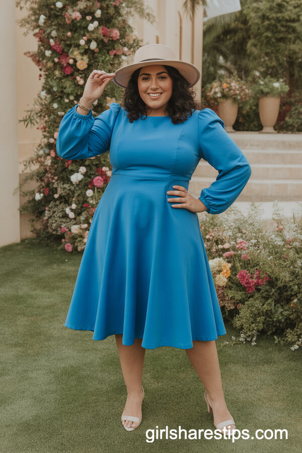 Statement Blue Fit-and-Flare Dress With Wide-Brim Hat