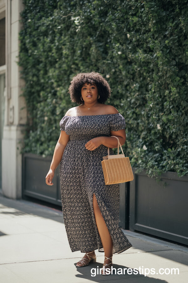 Off-Shoulder Printed Maxi Dress With Subtle Slit and Woven Handbag