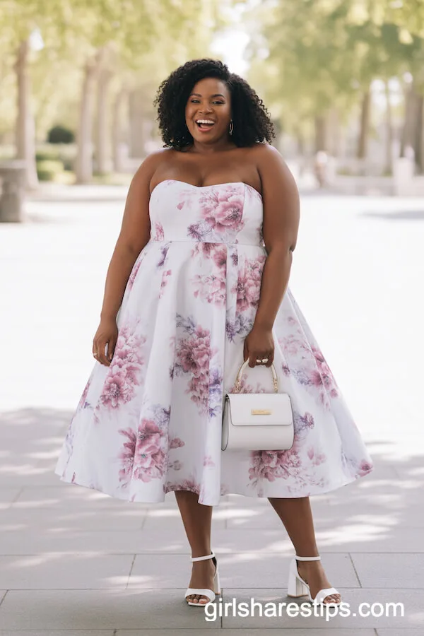 Strapless White Floral Print Dress With White Block Heels