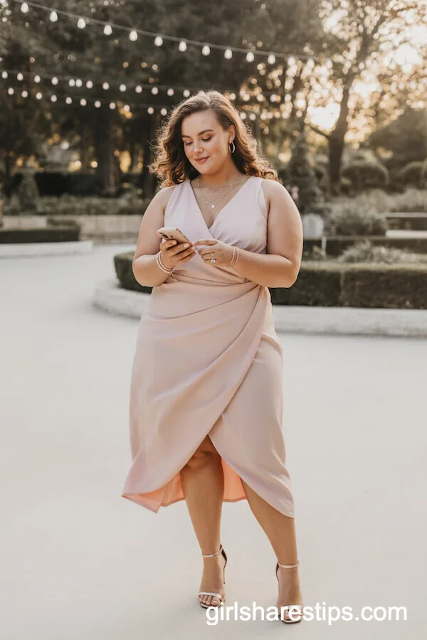 Pastel Pink Wrap Dress With Mid-Heel Sandals and Delicate Jewelry