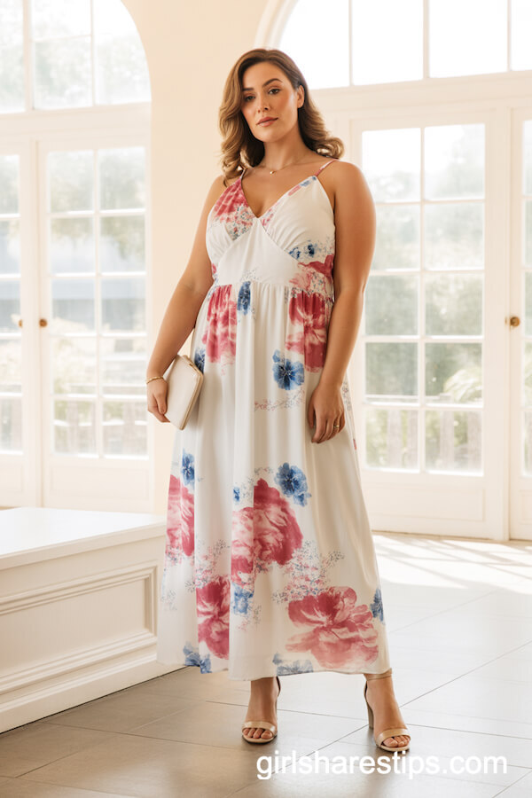 White Maxi Dress With Pink and Blue Watercolor Floral Prints