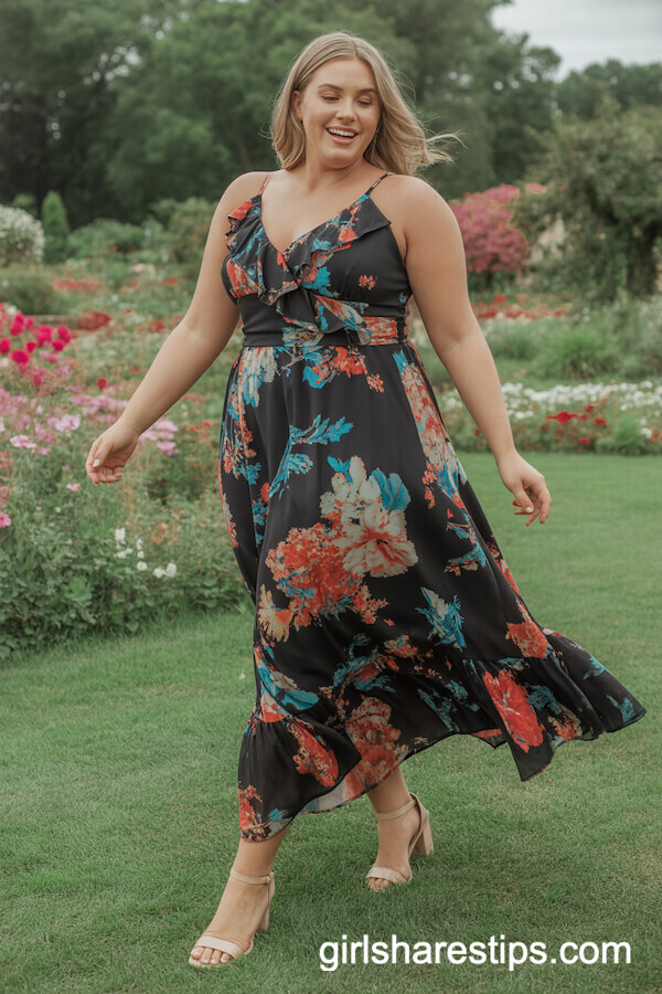 Flowing Black Floral Maxi Dress With Ruffle Details and Nude Heels