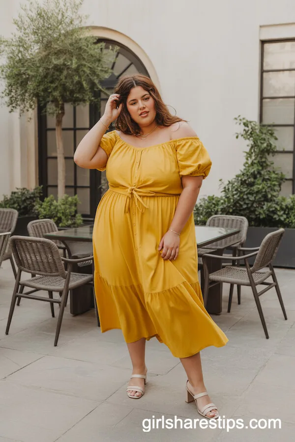 Vivid Off-Shoulder Yellow Midi Dress With Modern Accessories