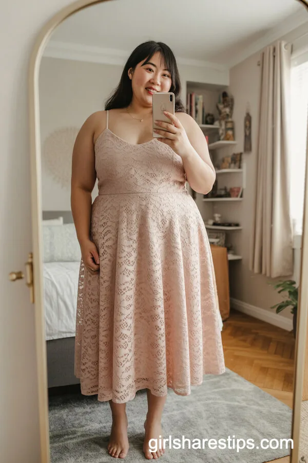 Light Pink Lace Midi Dress With Elegant Accessories