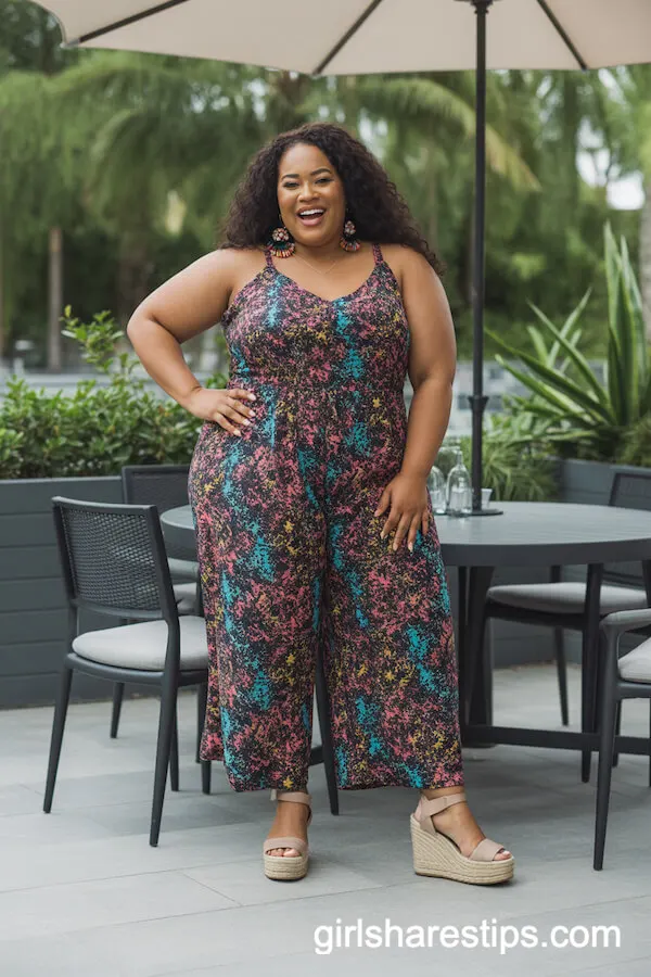 Colorful Sleeveless Jumpsuit With Statement Earrings and Wedges