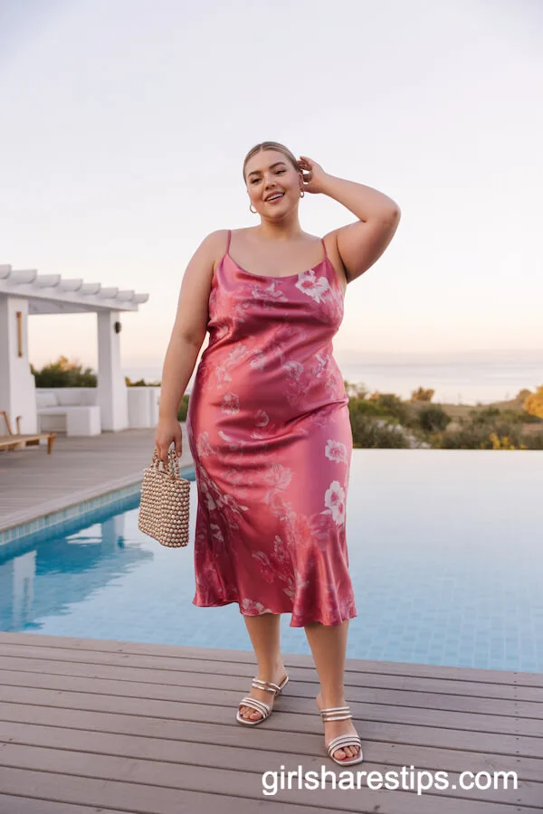 Bold Floral Satin Slip Dress With Beaded Handbag and Minimalist Sandals