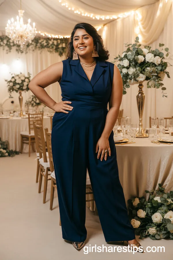 Navy Blue Jumpsuit With Metallic Accessories and Chic Heels
