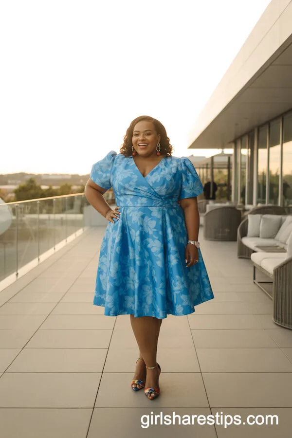 Bright Blue Floral Dress With Bold Heels and Earrings