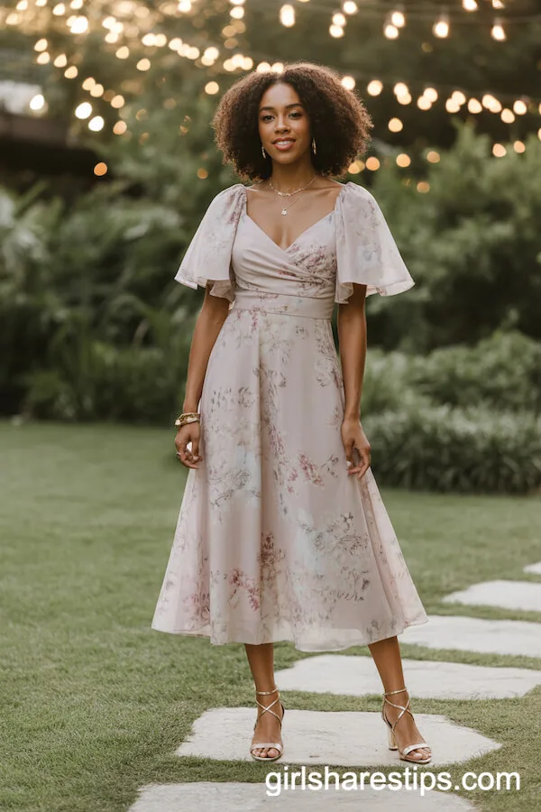 Pastel Floral Midi Dress with Flutter Sleeves and Gold Accents