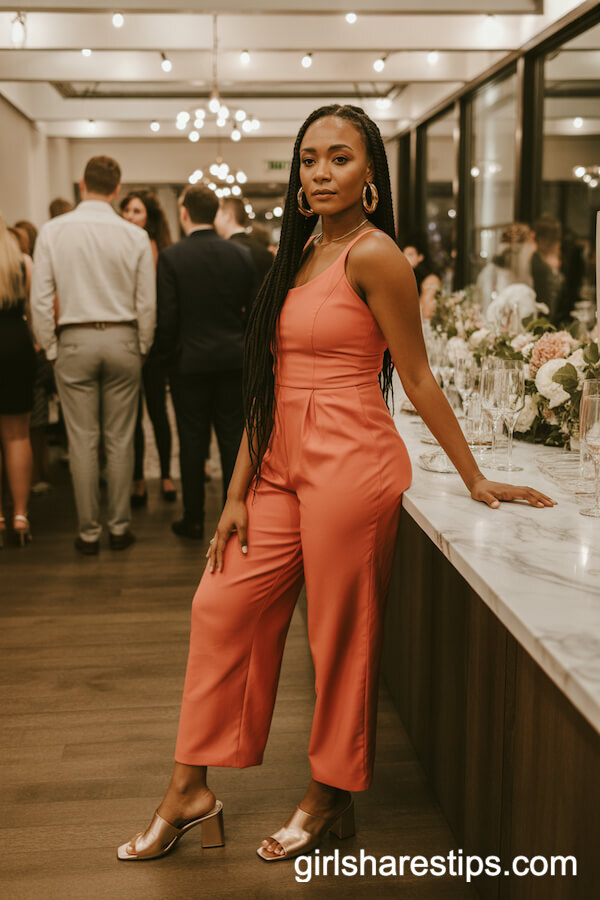 Coral Sleeveless Jumpsuit with Gold Hoop Earrings
