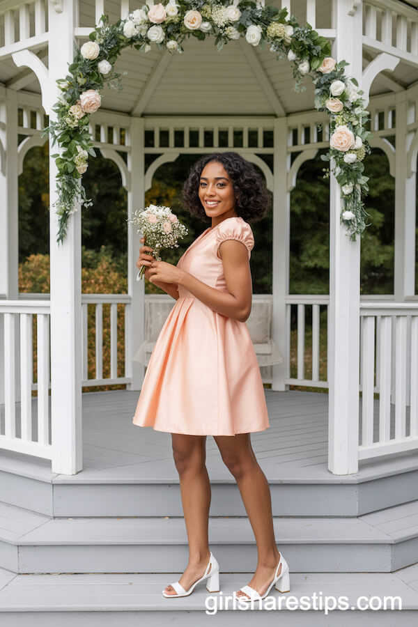 Peach Cap Sleeve Mini Dress with White Block Heels
