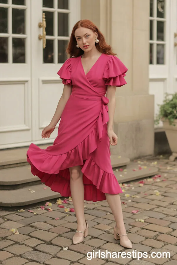 Bold-Colored Ruffled Wrap Dress with Pearl Earrings