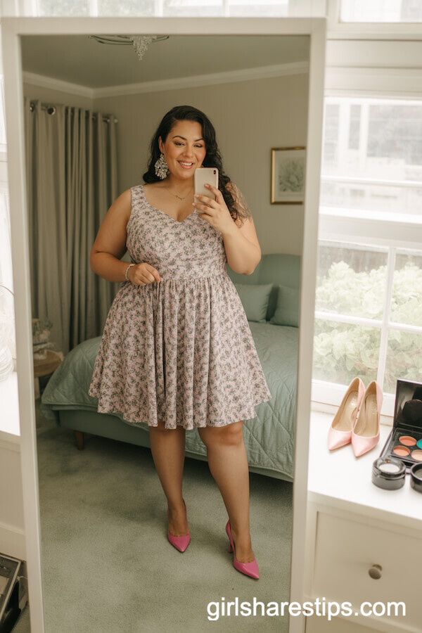 Printed Fit-and-Flare Dress with Pink Heels