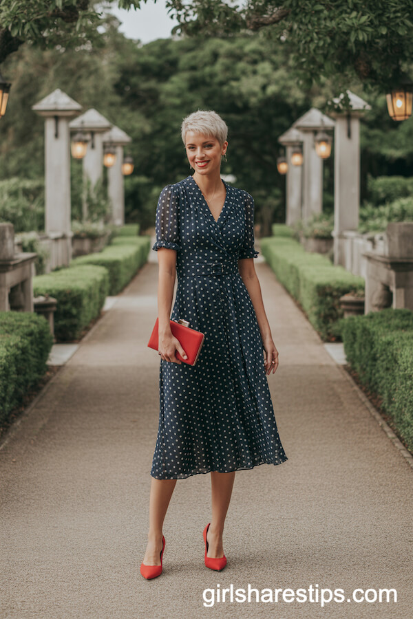 Navy Polka Dot Midi Dress with Red Pumps