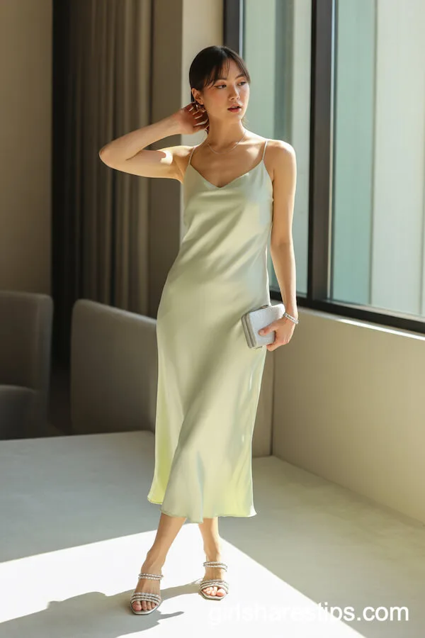 Minimalist Satin Slip Dress with Silver Sandals