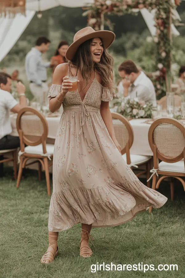Bohemian Maxi Dress with Wide-Brim Hat