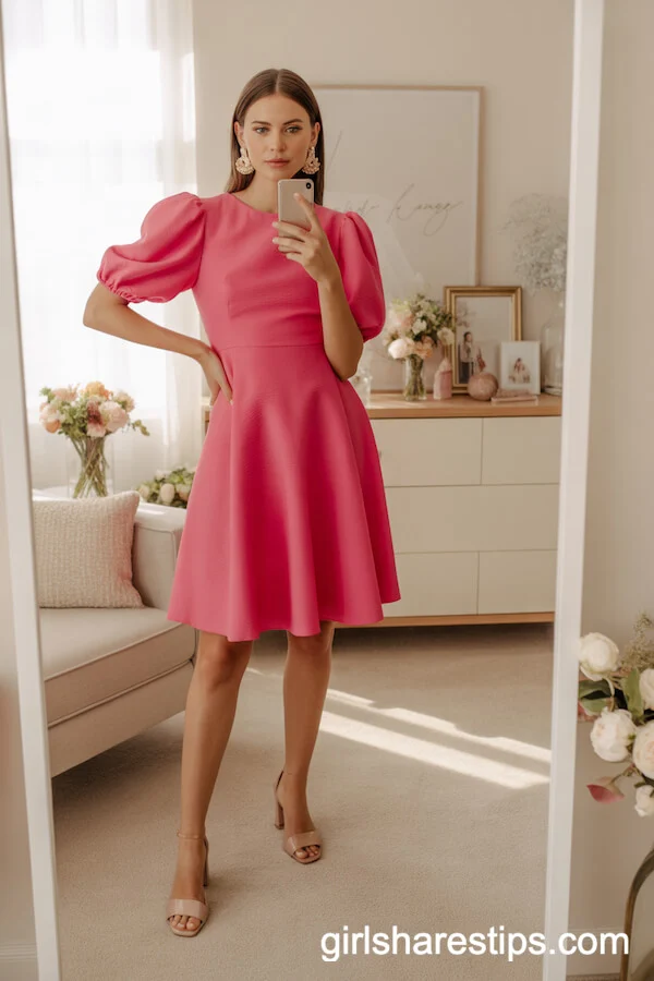 Chic Bright Pink Puff Sleeve Dress with Statement Earrings