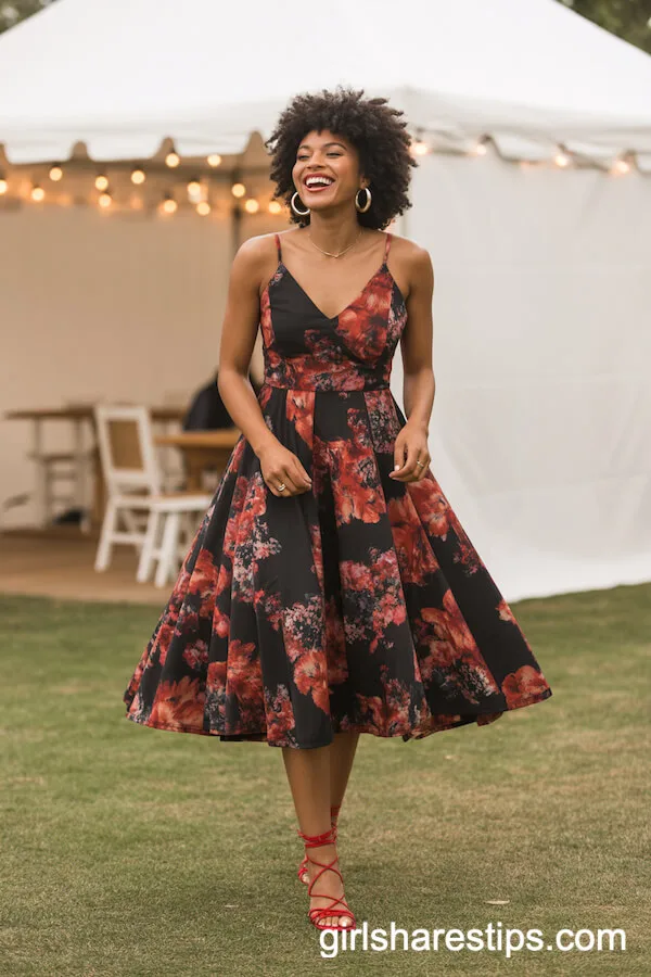 Bold Floral A-Line Midi Dress with Red Sandals