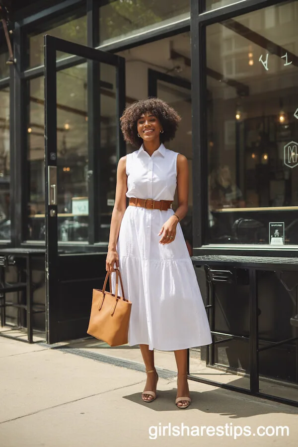 Crisp White Midi Dress with Tan Leather Belt & Tote