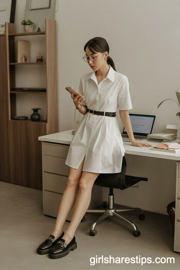 White Collared Shirt Dress with Black Accents for Studio Cool