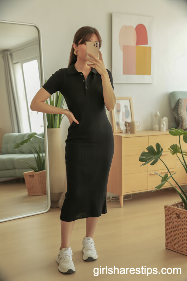Black Polo Midi Dress and Sneakers for Sporty Office Days