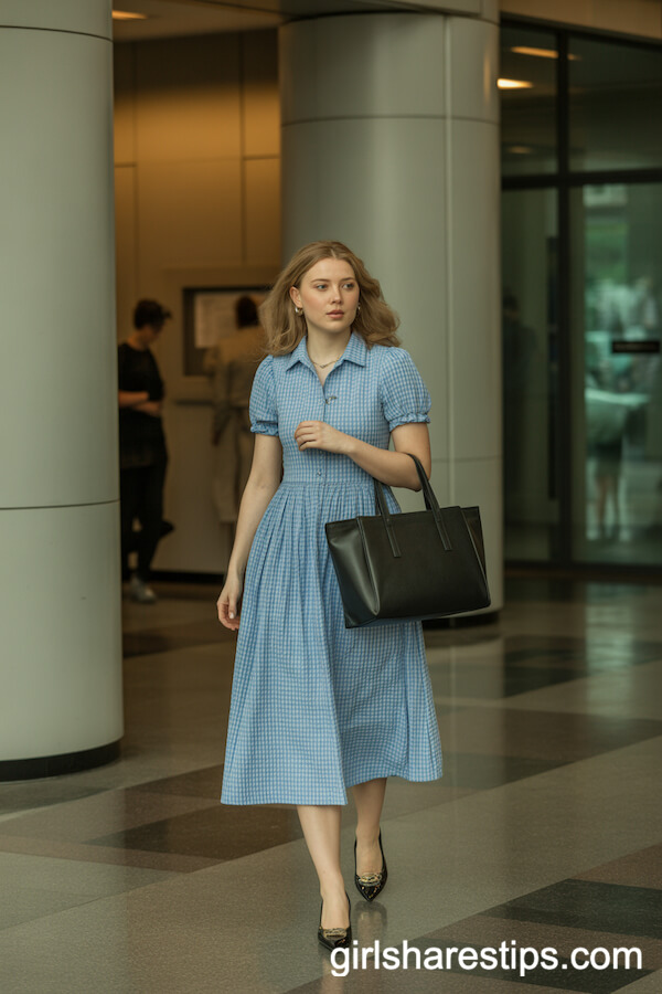 Blue Gingham Midi Dress Sleek Work Tote