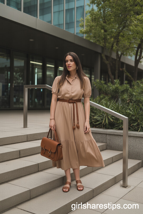 Tan Midi Dress with Braided Belt and Satchel for Modern Commutes