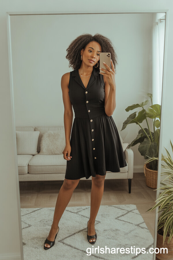 Black Sleeveless Dress with Gold Details for Elegant Simplicity