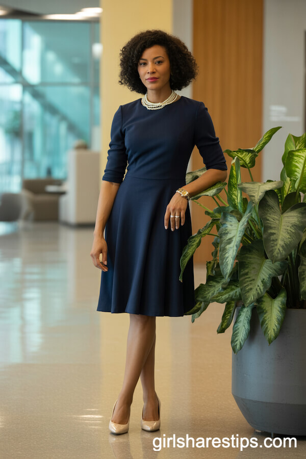 Navy Fit-and-Flare Dress with Pearls for Classic Workwear