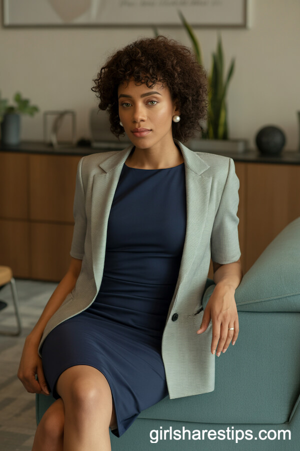 Fitted Navy Dress with Gray Blazer for Lounge Meetings
