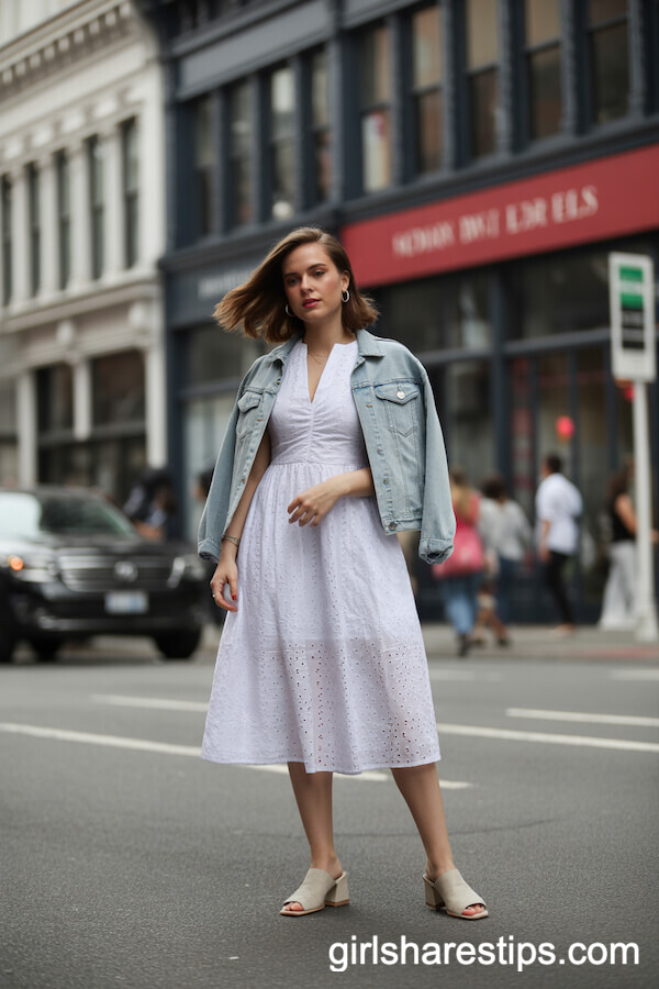 White Eyelet Dress Layered with a Denim Jacket