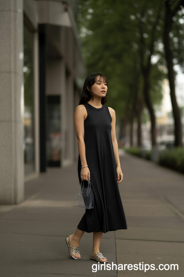 Minimalist Black Sleeveless Dress with Metallic Sandals