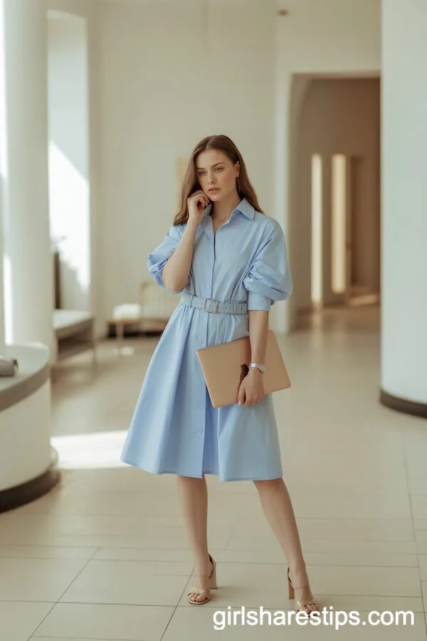 Light Blue Shirt Dress and Nude Heels for Office Chic