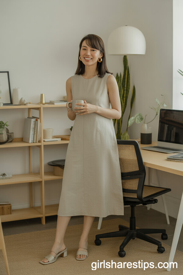 Sleeveless Beige Linen Sheath for Minimalist Workwear