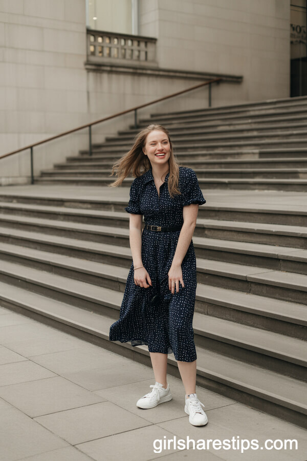 Navy Polka Dot Midi Dress Styled with White Sneakers