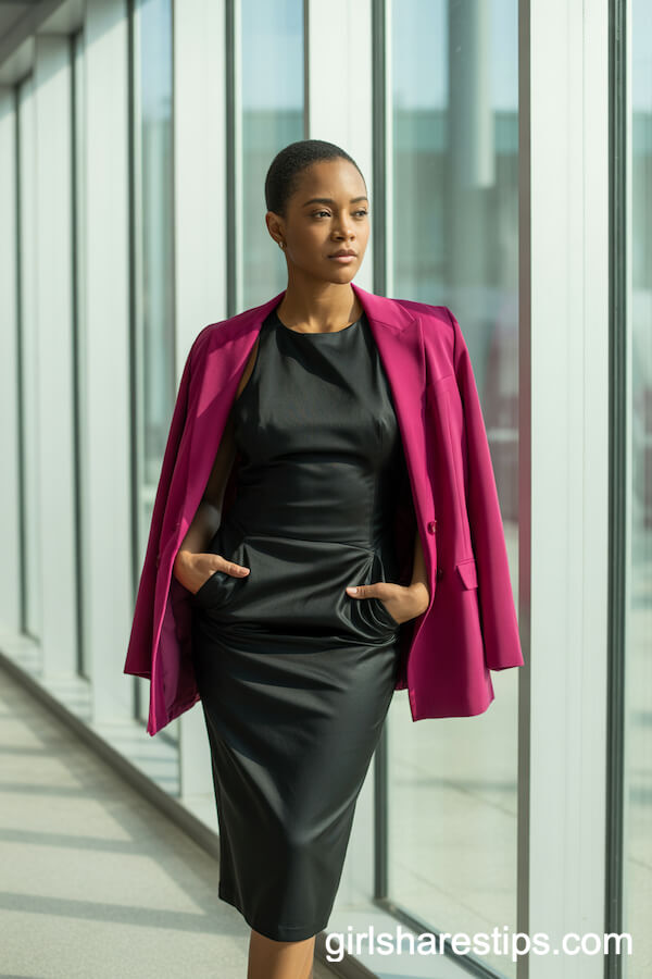 Black Midi Dress and Bold Fuchsia Blazer Power Combo